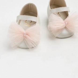 Παπούτσια Βάπτισης Μπαλαρίνες Εκρού Ροζ Τούλι K60EV2e