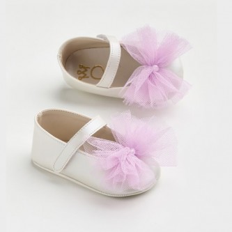 Παπούτσια Βάπτισης Μπαλαρίνες Εκρού Ροζ Φιόγκο K60EV2m